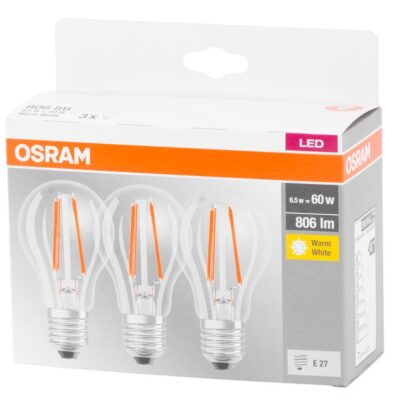 Žiarovka OSRAM® BASIC LED FR 60 (ean9351) non-dim 6,5W/827 E27 2700K MULTIPACK, Star CLASSIC A