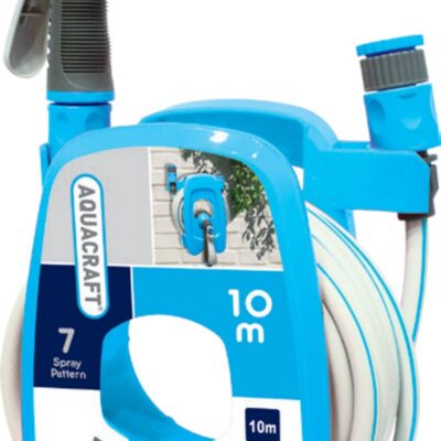 Navíjač AQUACRAFT® 990490, Naviják na hadicu, SET, so záhradnou hadicou 3/8", L-10 m, zavlažovacia pištoľ 7 vzorov